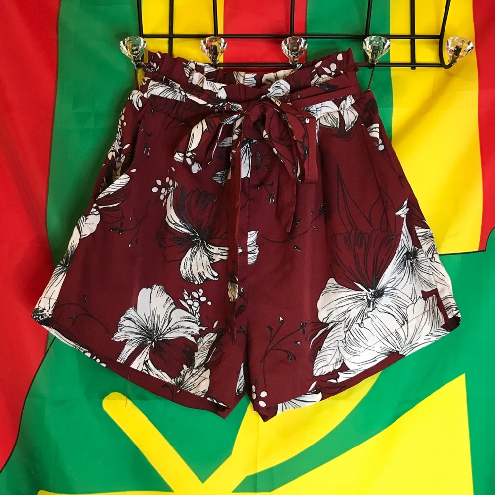 Maroon floral, flowy shorts